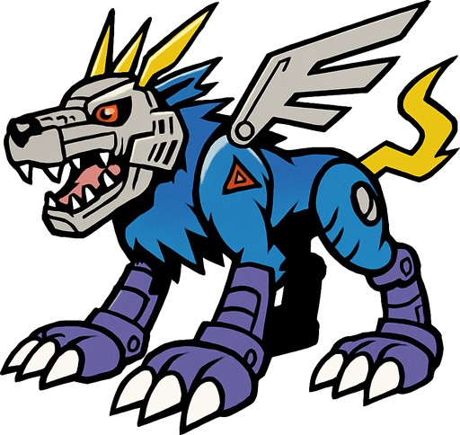 Metalgarurumon.
In-Game asset.  2d.  High contrast.  No shadows