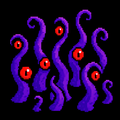 Purple tentacles pixel art and red eyes 2d.
In-Game asset.  2d.  High contrast.  No shadows