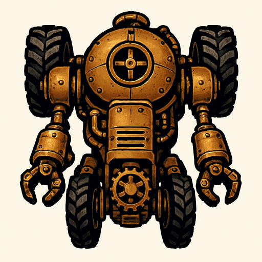 robot estilo steampunk visto desde arriba totalmente no desde el frente con llantas.
In-Game asset.  2d.  High contrast.  No shadows. vistasuperior