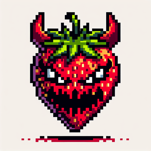 a demonic strawberry, pixel style.
Single Game Texture.  In-Game asset.  2d.  Blank background.  High contrast.  No shadows