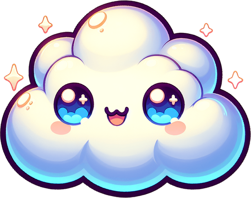 Generate a cartoon-style cloud with a cute smiling face. The cloud should be puffy and white with soft blue shadows and expressive eyes. Make it suitable for a colorful helicopter game..
Single Game Texture.  In-Game asset.  2d.  Blank background.  High contrast.  No shadows