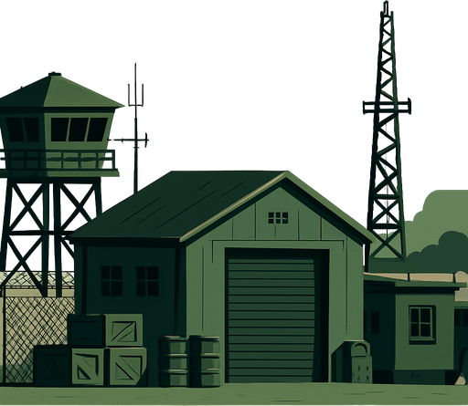 Askeri üs - gerçekçi, yazısız, yandan görünüm.
In-Game asset.  2d.  High contrast.  No shadows