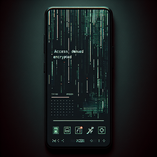 Create a minimalistic hacked mobile phone background with a solid black base. Add subtle glitch effects like faint pixel distortions and soft horizontal lines. Incorporate low-opacity green Matrix-style symbols cascading or scattered sparsely in the background. Include fragmented text elements like "Access Denied" or "Encrypted" in a modern, faint font. Use small red accents to emphasize the seriousness of the hack while maintaining ample negative space. Ensure all elements are subtle to avoid overshadowing foreground app icons..
Single Game Texture. In-Game asset. 2d. Blank background. High contrast. No shadows.
