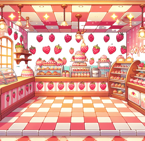 A cute kawaian bakery interior with strawberry tiles. Single Game Texture. In-Game asset. 2d. Blank background. High contrast. No shadows.
