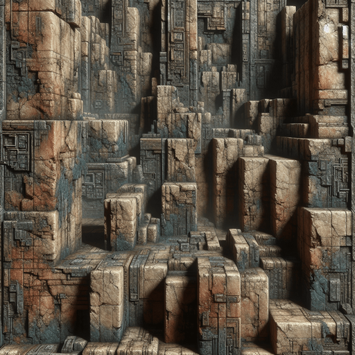 Les murs du labyrinthe sont massifs, faits de pierre vieillie et recouverts de lichens et de mousses qui ajoutent une touche d'humidité et d'abandon. Leur texture est rugueuse, avec des fissures profondes qui laissent deviner l’âge et l’histoire de ce lieu oublié.

    Couleur : La couleur des murs varie, mais elle est dominée par des tons sombres : gris foncé, marron, et parfois des touches d'ocre là où l'humidité a pris ses marques. Ils semblent presque absorbers la lumière de la torche du personnage, rendant l'atmosphère encore plus oppressante. De temps à autre, des éclats métalliques ou des traces de rouille peuvent se deviner sur les bords, suggérant des artefacts oubliés du passé.

    Forme et structure : Les murs ne sont pas droits. Ils sont souvent irréguliers, déformés, avec des angles aigus ou des corners inattendus qui surprennent le joueur et compliquent son déplacement. Certains murs peuvent même être en partie effondrés, créant des passages secrets ou des obstacles qu'i.
Single Game Texture.  In-Game asset.  2d.  Blank background.  High contrast.  No shadows