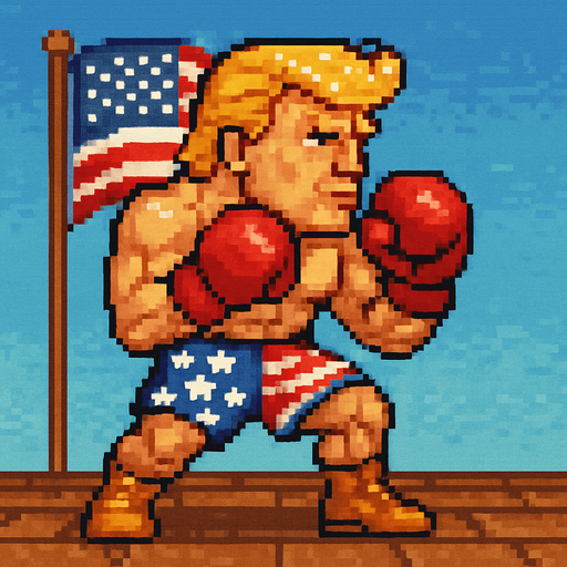 pixel streetfighter style blonde american fighter, looked like donald trump, with american flag short, and boxing gloves