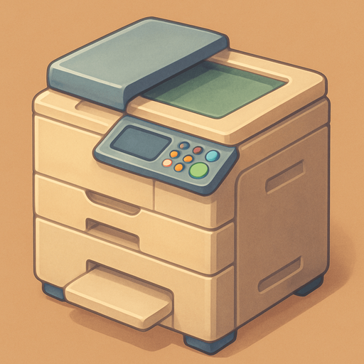 A copy printer. Cute soft graphics. soft ambient light. semi-matte to satin surfaces. naturalistic with slight saturation boost colors. 
In-Game asset.  2d.  High contrast.  No shadows. top down..
In-Game asset.  2d.  High contrast.  No shadows