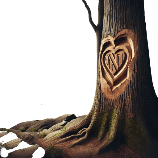 Photorealistic landscape in the New York central park. 
Show the forest and on the trunk of the very first tree, a heart should be carved into it and the letter N in the heart.
