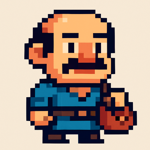 Genera una imagen de un comerciante pixel y que su cabeza sea un poco más grande que su cuerpo.
In-Game asset.  2d.  High contrast.  No shadows