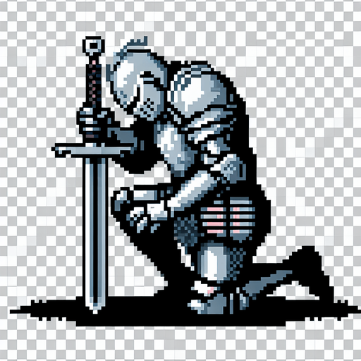 Create an 8-bit pixelated image of a defeated Knight Hero, kneeling with his head down in sorrow. He grips his sword with both hands, its tip resting in the ground. this represents the game over image for a retro video game.
Single Game Texture. In-Game asset. 2d. Blank background. High contrast. No shadows.