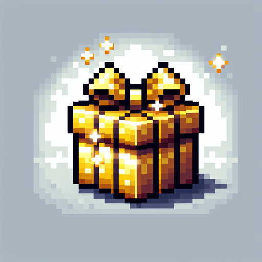 Pixel art of a golden christmas present. Single Game Texture. In-Game asset. 2d. Blank background. High contrast. No shadows.