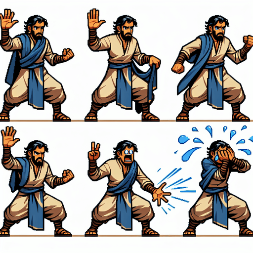 create a spritesheet of a person with his hand up, and also another sprite with his hand down with the pose as if he was breaking something, and a sprite of him crying with his injured hand. also make a sprite of him with his mouth open.. Single Game Texture. In-Game asset. 2d. Blank background. High contrast. No shadows.
Single Game Texture.  In-Game asset.  2d.  Blank background.  High contrast.  No shadows