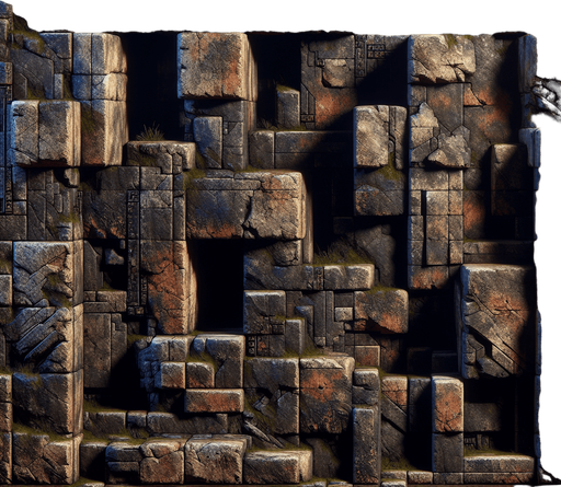 Les murs du labyrinthe sont massifs, faits de pierre vieillie et recouverts de lichens et de mousses qui ajoutent une touche d'humidité et d'abandon. Leur texture est rugueuse, avec des fissures profondes qui laissent deviner l’âge et l’histoire de ce lieu oublié.

    Couleur : La couleur des murs varie, mais elle est dominée par des tons sombres : gris foncé, marron, et parfois des touches d'ocre là où l'humidité a pris ses marques. Ils semblent presque absorbers la lumière de la torche du personnage, rendant l'atmosphère encore plus oppressante. De temps à autre, des éclats métalliques ou des traces de rouille peuvent se deviner sur les bords, suggérant des artefacts oubliés du passé.

    Forme et structure : Les murs ne sont pas droits. Ils sont souvent irréguliers, déformés, avec des angles aigus ou des corners inattendus qui surprennent le joueur et compliquent son déplacement. Certains murs peuvent même être en partie effondrés, créant des passages secrets ou des obstacles qu'i.
Single Game Texture.  In-Game asset.  2d.  Blank background.  High contrast.  No shadows