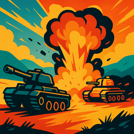 Bir tank savaşı temalı arkaplan görseli hazırla görselde 2 tank olsun ve bu 2 tankın önündeki 1 tankı yakalamaya çalışsın..
In-Game asset.  2d.  High contrast.  No shadows