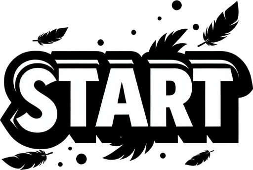 A white SVG with big bold letters, that says “Start”. A couple black feathers flying off the edge of the word. Single Game Texture.  In-Game asset.  2d.  Blank background.  High contrast.  No shadows
