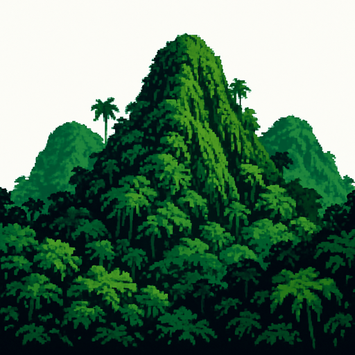 Generame una montañas de selva pixelar en fondo blanco, cercanas.
In-Game asset.  2d.  High contrast.  No shadows