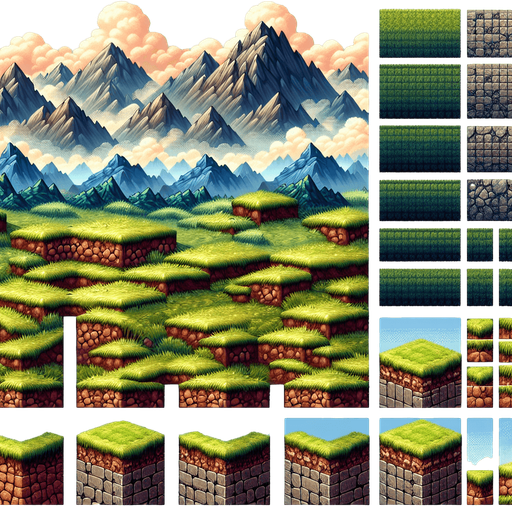 A tilesheet showing different terrains for the ground and platforms in an endless runner game. Some segments should be horizontal, while some should be going slightly uphill or downhill. Each segment should be approximately the same length, and they should have similar textures that allow them to more or less seamlessly be pieced together to form larger stretches. The tileset should only include the ground segments and not any backgrounds. Mountaineous, grassy, medieval fantasy..
Single Game Texture. In-Game asset. 2d. Blank background. High contrast. No shadows.