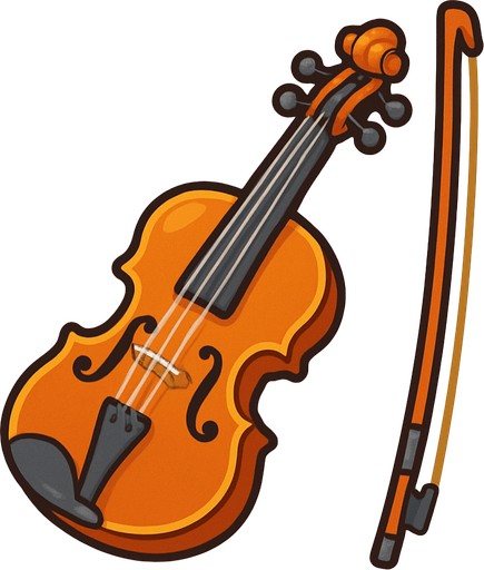 A colorful, cartoon-style 2D illustration of a classical violin with a bow beside it. The body should be rich brown with visible strings, pegs, and f-holes. Designed with soft shadows and rounded edges for use in a kids’ music game. Export as a transparent rounded background PNG..
In-Game asset.  2d.  High contrast.  No shadows