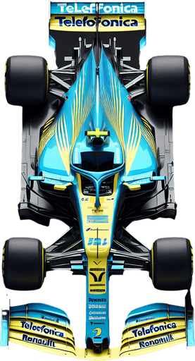 F1 Renaiult race car. Top View. Skyblue and yellow body with deepblue stripes. Deepblue rearwing. Sponsor: "Telefonica"text neonyellow. White"Team Spirit" on front wing. Deepblue"RENAiULT" text on body..
Single Game Texture. In-Game asset. 2d. Blank background. High contrast. No shadows.