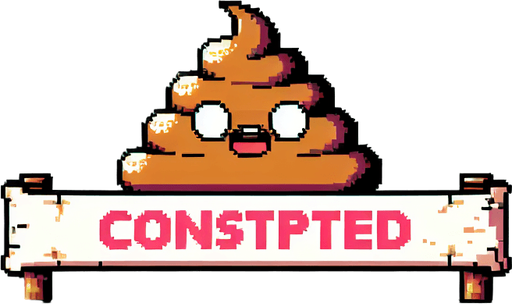 text saying "Constipated" against a poop banner. pixelated. 8-bit.
Single Game Texture. In-Game asset. 2d. Blank background. High contrast. No shadows.