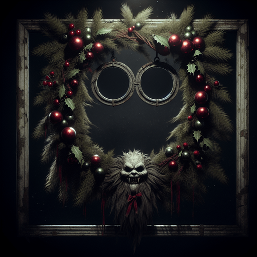 eerie christmas inspired krampus frame with two circular holes with a resident evil style.
Single Game Texture. In-Game asset. 2d. Blank background. High contrast. No shadows.
