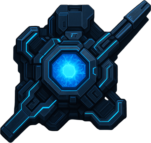 top-down view, futuristic digital defense turret, heavy energy core, metallic cyberpunk style, blue glowing lines, anti-virus cannon.
In-Game asset.  2d.  High contrast.  No shadows