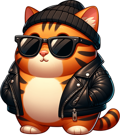 The character in the image is a cartoon-style, orange tabby cat with noticeable stripes. It has a round face, adorned with a pair of oversized, black wayfarer sunglasses, and atop its head sits a cool black beanie hat. The cat's body is smaller in comparison to its head, emphasizing its cute, chubby appearance. It's clad in a cool black leather jacket, adding an edge to its look. Positioned with its paws visible in front, the cat showcases a relaxed posture. The overall style is playful and whimsical, making it an ideal choice for a casual mascot or a character in a children's book..
Single Game Texture. In-Game asset. 2d. Blank background. High contrast. No shadows.