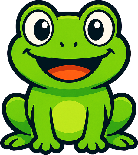 “A cute cartoon-style frog character for a mobile game. Bright green skin, big round eyes, wide smiling mouth, small chubby body, sitting or standing upright. Friendly and playful expression, simple colorful background. High-quality digital illustration, perfect for a fun kids game.”.
In-Game asset.  2d.  High contrast.  No shadows. cartoon style