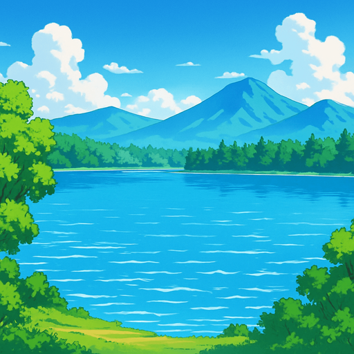 gambar anime tentang danau yang luas di pagi hari. di kejauhan hutan dan pegunungan serta langit cerah.
In-Game asset.  2d.  High contrast.  No shadows