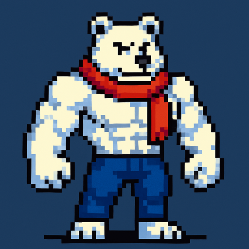 Oso polar furry fuerte con bufanda y pantalones largos y sin camisa, pixeleado.
In-Game asset.  2d.  High contrast.  No shadows