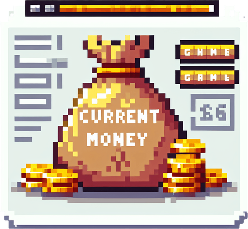 Genera una bolsa de monedas de oro que diga "current money" en pixel art.
Single Game Texture.  In-Game asset.  2d.  Blank background.  High contrast.  No shadows