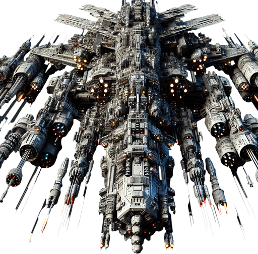 an enemy spaceship equipped with weapons.
Single Game Texture.  In-Game asset.  2d.  Blank background.  High contrast.  No shadows