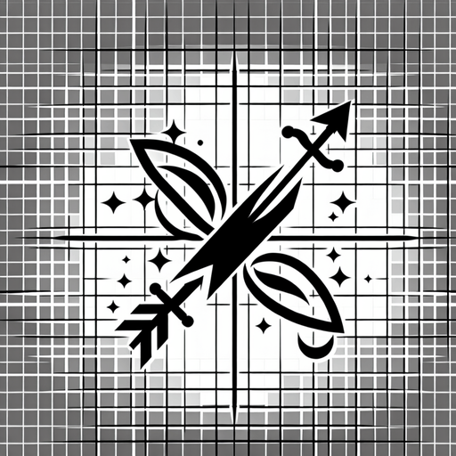 A symbol merging a sword and an arrow/bow, perhaps crossing each other with energy flowing between them..
Single Game Texture.  In-Game asset.  2d.  Blank background.  High contrast.  No shadows