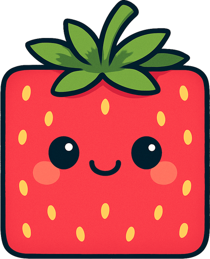 Perfectly square bright rose red stawberry with cute happyy face. Cartoon style. Cute art style. Simple vector style. 2d