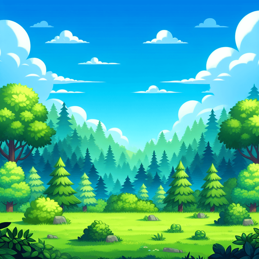2d animation background forest with green and blue.
Single Game Texture.  In-Game asset.  2d.  Blank background.  High contrast.  No shadows