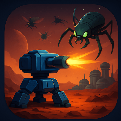 Modern App Store icon, high definition, square with rounded corners, for a game titled "Klingon Defense: Outer Rim Survival" and with the description "Defend human colonies on planet Klingon from alien bug invasions using strategic robot tower placement. Earn coins by eliminating bugs and upgrade defenses to protect settlements across multiple cities.". No text on icon!