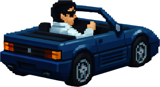 The hair color of the driver is black and he wears a futuristic white jacket. The car is dark blue