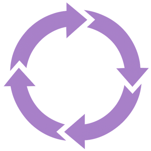 4 segmentos de flecha que forman un circulo en sentido horario, color morado