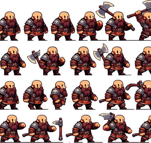 A spritesheet with various poses for a heavily armored little dwarven warrior with an axe in various poses for use in an endless runner game. Te poses should include walking, eating, jumping, ducking low, and chargingforward. Sprites should be laid out in a rectangular grid wih blank space between them. Style should be medieval fantasy..
Single Game Texture. In-Game asset. 2d. Blank background. High contrast. No shadows.