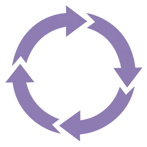 4 segmentos de flecha que forman un circulo en sentido horario, color morado