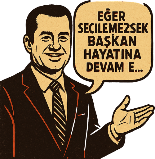 Bir iş adamı karakteri oluştur , Acun ılıcalıya benzesin karakter. Karakterin  üstünde konuşma balonuna benzer bir balon olsun. Bu balonun içinde "Eğer seçilemezsek başkan hayatına devam e..." yazsın . Görsel Retro temada olsun !.
In-Game asset.  2d.  High contrast.  No shadows