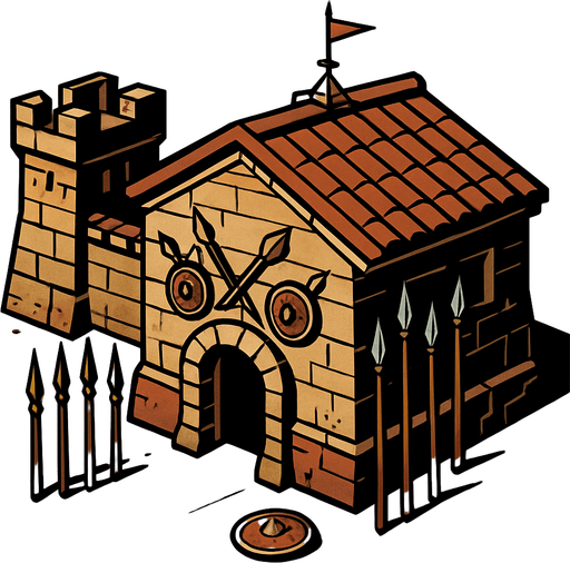 Anciet world barracks, no words.
In-Game asset.  2d.  High contrast.  No shadows