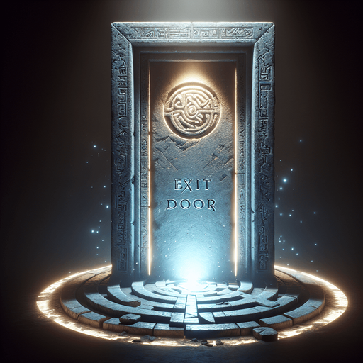 La porte d'Exit est un portail mystérieux et imposant qui se distingue par son atmosphère énigmatique. Elle est située à la fin du labyrinthe, là où la lumière semble devenir plus intense et où le suspense atteint son apogée.

    Structure : La porte est massive, faite de pierres anciennes et usées par le temps, avec des gravures mystérieuses sur les côtés. Elle semble être une sorte de portail magique, ses bords ornés de runes qui brillent faiblement dans l'obscurité. Les gravures changent légèrement lorsque le joueur s'en approche, comme si elles réagissaient à la présence du héros.

    Couleurs et lumière : L'exit émet une lumière douce mais persistante, un halo qui contraste fortement avec l'obscurité du reste du labyrinthe. La lumière n'est pas chaude, mais plutôt froide, avec des tons de bleu pâle et d'argent. Cela donne à la porte une allure à la fois apaisante et étrange. De petites étincelles flottent autour de la porte, comme si une force invisible était à l'œuvre..
Single Game Texture.  In-Game asset.  2d.  Blank background.  High contrast.  No shadows
