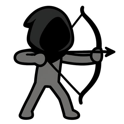 Gray stickman with it's face covered with a black hood equipped with a bow
In-Game asset.  2d.  High contrast.  No shadows, no eyes