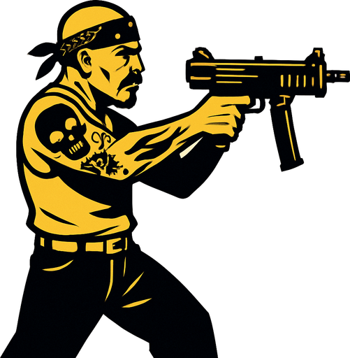 un pandillero mexicano apuntando con un SMG con la perspectiva lateral.
In-Game asset.  2d.  High contrast.  No shadows de cuerpo completo