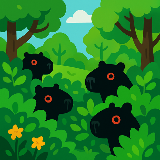 Crea un bosque verde alegre. Pero escondidos en las ojas de los arbustos aparecen capybaras de color negros con ojos rojos..
In-Game asset.  2d.  High contrast.  No shadows