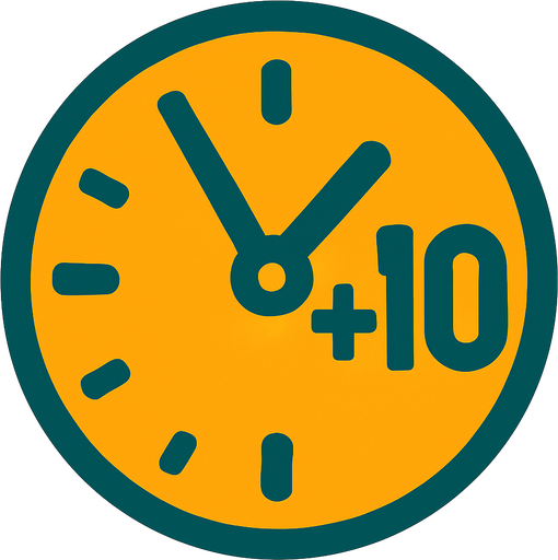 +10 inside of a clock icon.
In-Game asset.  2d.  High contrast.  No shadows