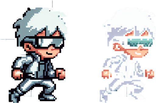 Horizontal Endless Runner Cyberpunk Kid dressed in silver with white hair and shades, running sprite sheet of 2 frames, retro super nintendo graphics..
Single Game Texture. In-Game asset. 2d. Blank background. High contrast. No shadows.