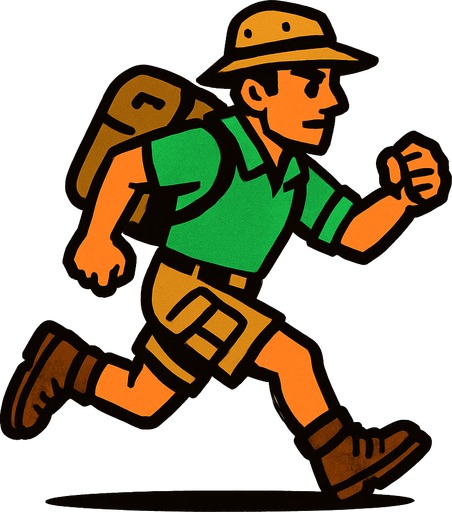 Safarici bir runner yeşil üstlü.
In-Game asset.  2d.  High contrast.  No shadows