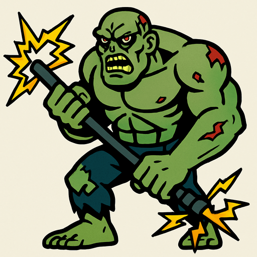 Un zombie grande ey fuerte eue sostiene un palo de electricidad.
In-Game asset.  2d.  High contrast.  No shadows